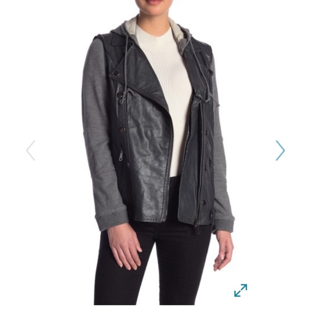 Democracy hooded moto faux leather jacket